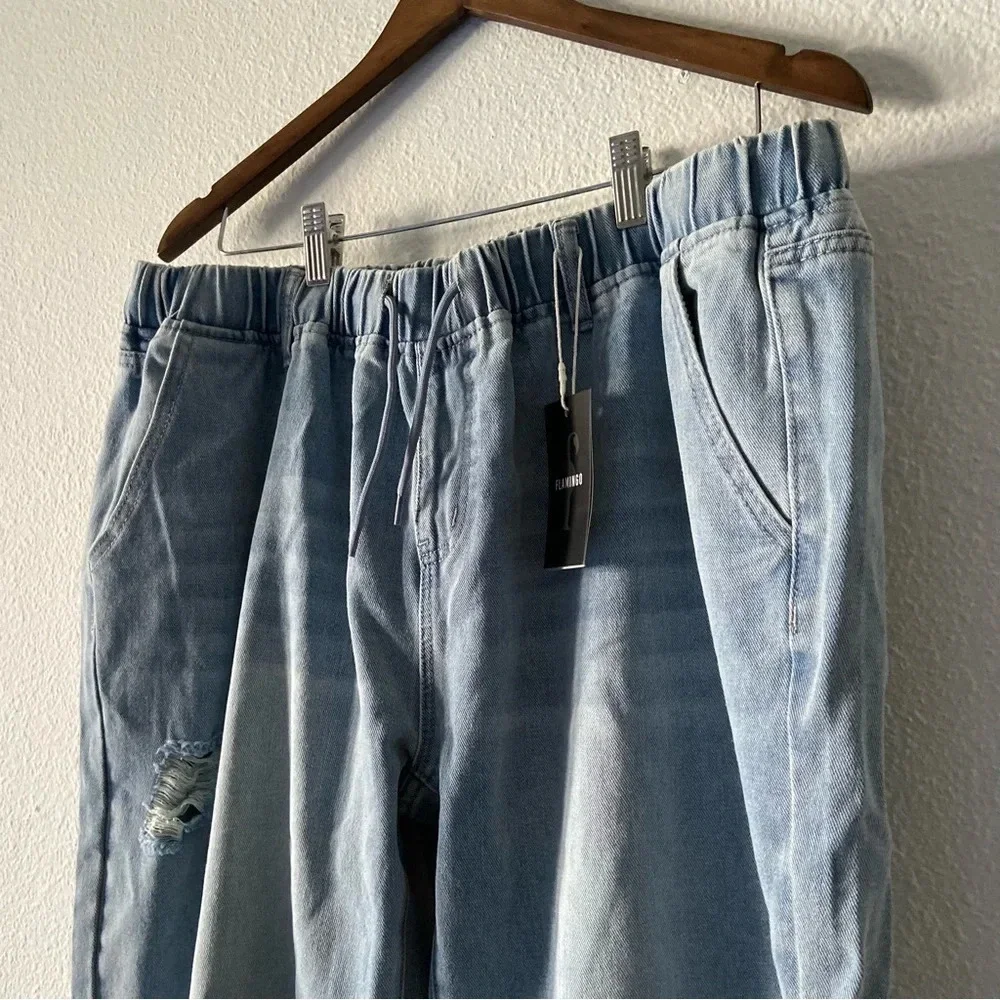 Drawstring High Waist Distress Jeans Fade Pants Pull On 2XL (14/16) Trendy NWT - Picture 4 of 14